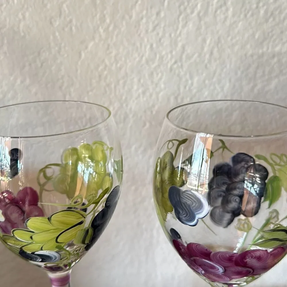 Set of two Wine Glasses hand painted grapes cocktail